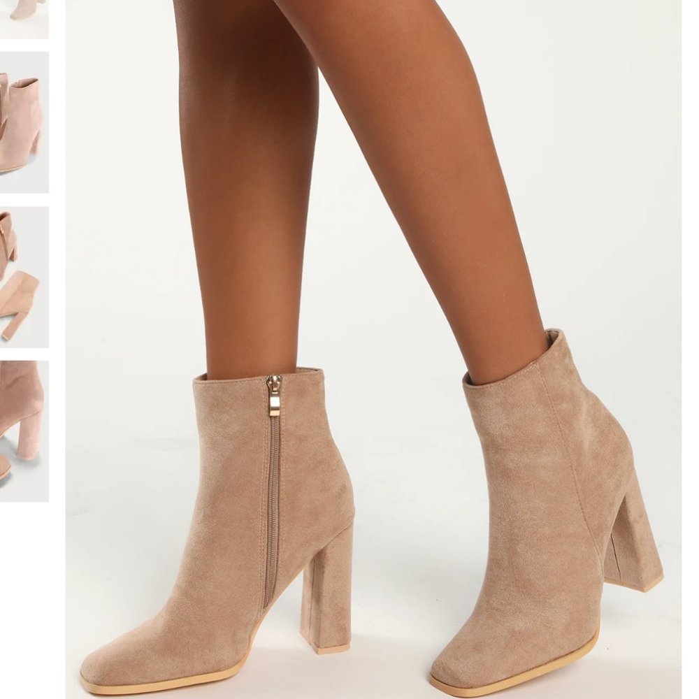 Lulus Andies Taupe Suede Mid-Calf Square Toe Booties